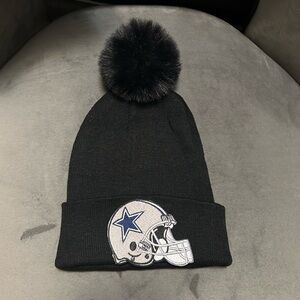 Women's Black Pom-Pom Beanie with Star Helmet Design